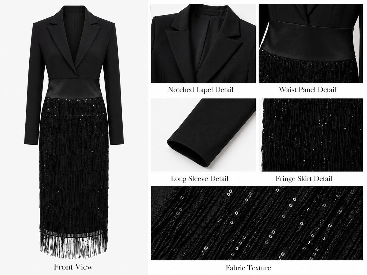Graziana — vestido midi negro con lentejuelas y flecos · Novah Collection [color:Negro]